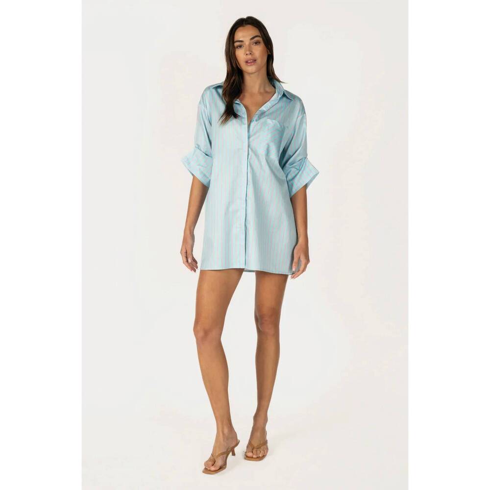 NEW REMINISCENCE oversized mni shirtdress in pink blue stripe
